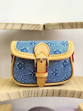 Mini Denim Pattern Baguette Bag Charm Wallet – Fits Cards, AirPods, Coins & Keys